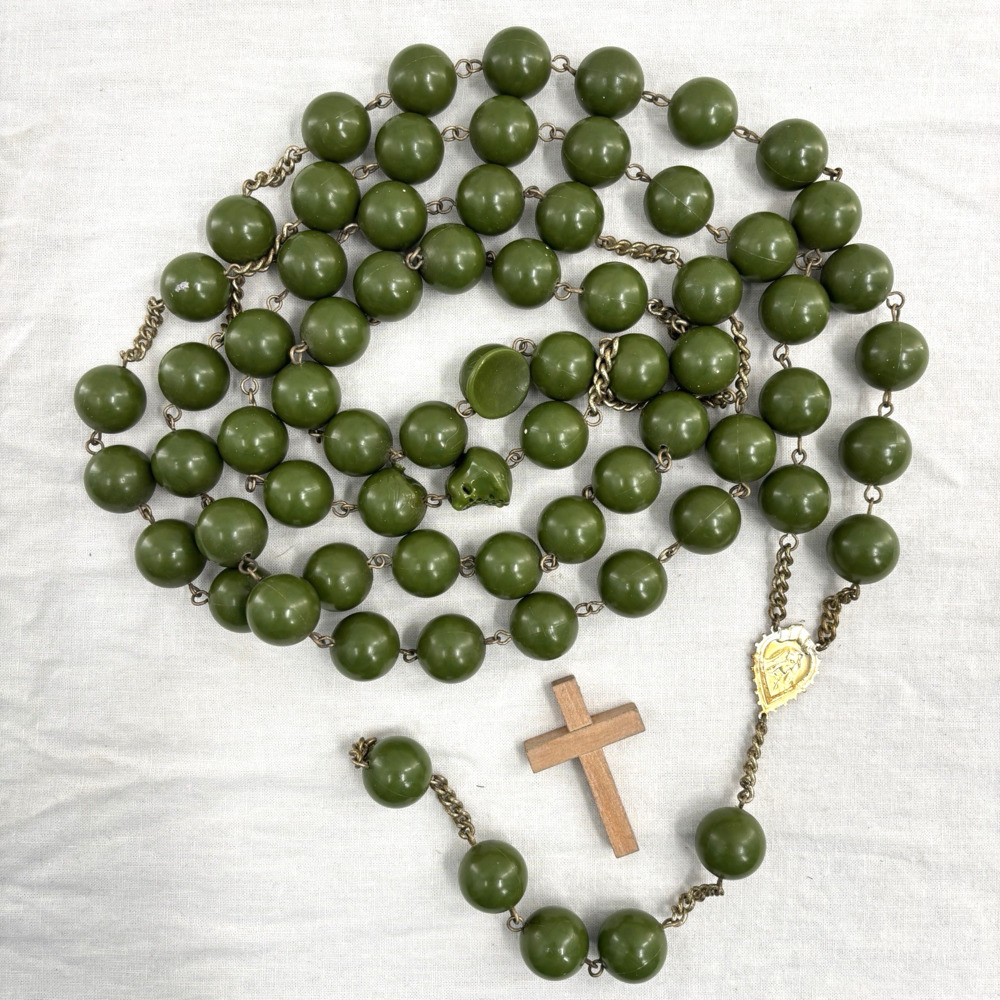 Vtg Catholic Wall Rosary Prayer Beads 47" Long Green Plastic Large Beads READ